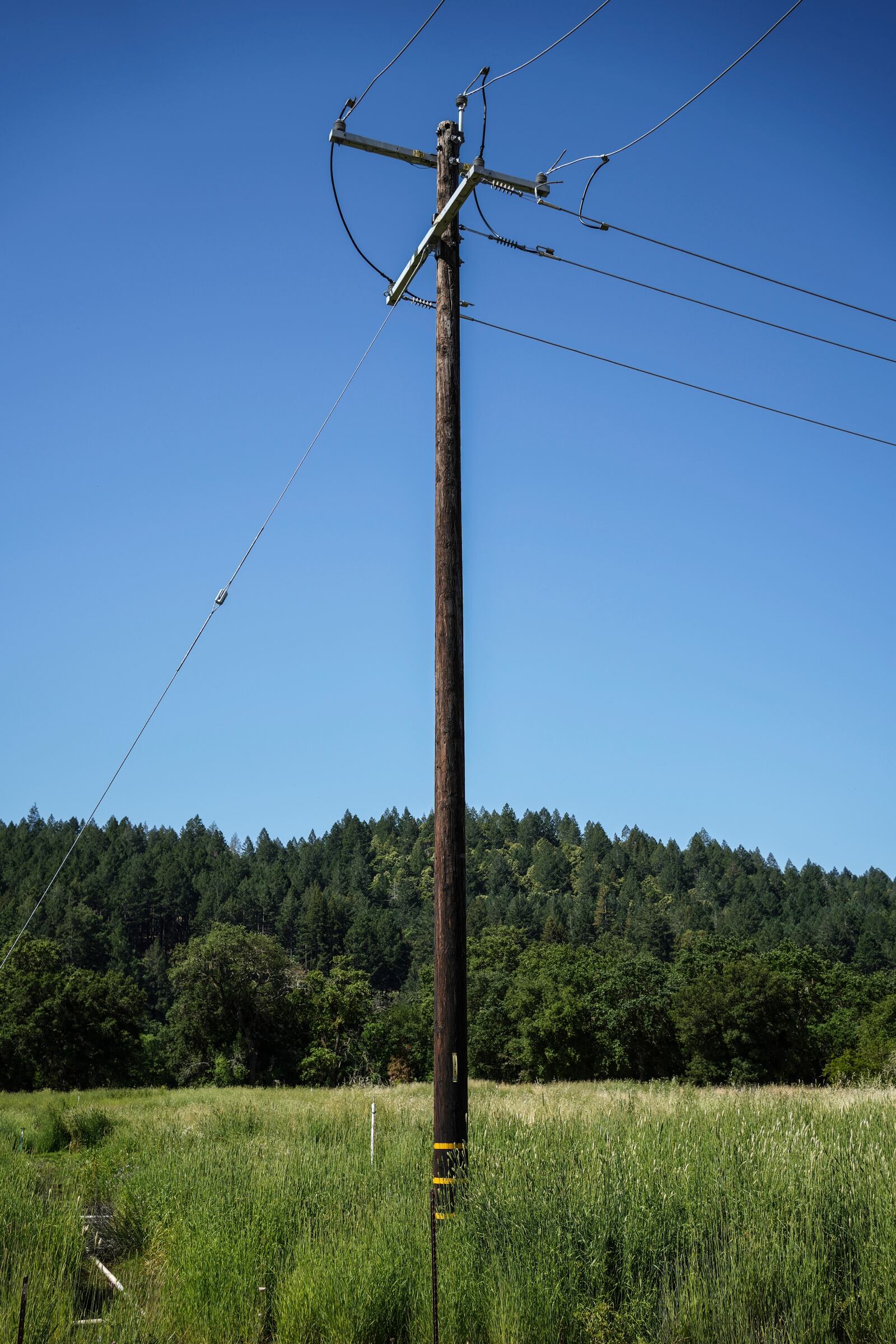 A power line connected to the grid stands in Calistoga, Calif., Tuesday, May 27, 2025. It will carry electricity from a backup system powered by hydrogen and batteries. (AP Photo/Annika Hammerschlag)