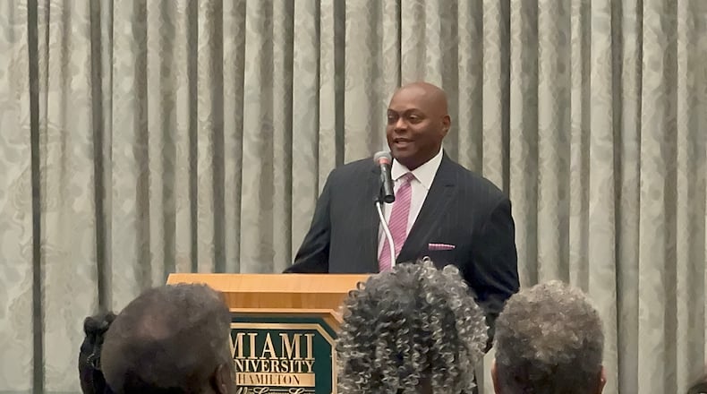 The Rev. Grady Wicker, Jr., of Indianapolis, speaks at Friday’s Dr. Martin King Jr. Re-engagement Luncheon in Hamilton, Ohio, on Friday, Jan. 12, 2024. MICHAEL D. PITMAN/STAFF