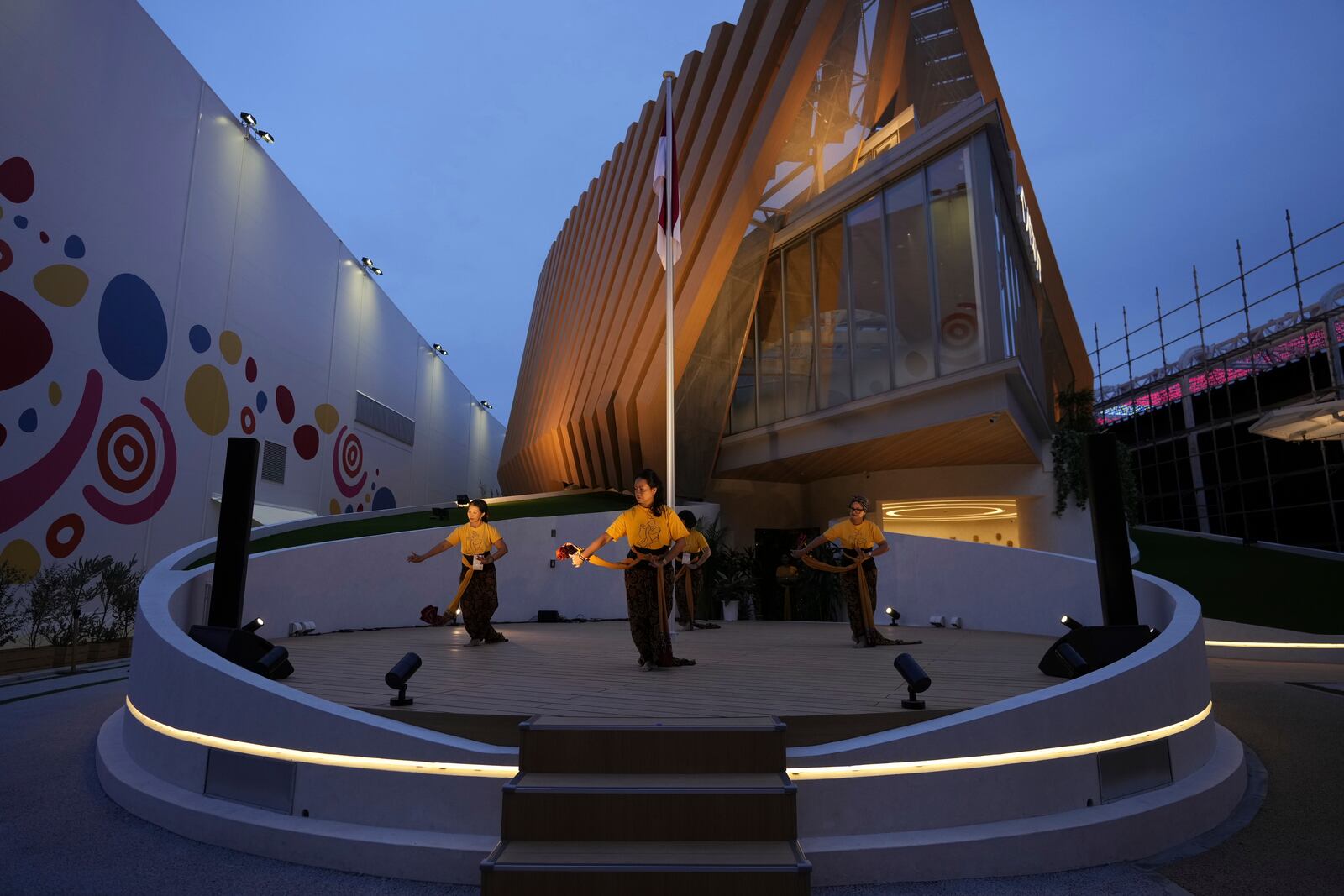 Dancers practice in preparation for Indonesia's pavilion the day before the opening of the Expo 2025 in Osaka, central Japan, Saturday, April 12, 2025. (AP Photo/Hiro Komae)