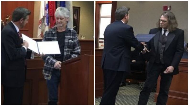 The Butler County Common Pleas Veterans Court celebrated its first two graduates Monday — retired U.S. Army veteran Matthew Kellum (left) and retired U.S. Army veteran Roger Caldwell (right).