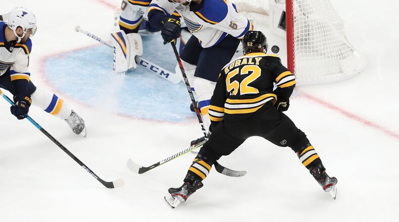 BOSTON, MASSACHUSETTS - MAY 27: Sean Kuraly #52 of the Boston Bruins scores a third period goal past Jordan Binnington #50 of the St. Louis Blues in Game One of the 2019 NHL Stanley Cup Final at TD Garden on May 27, 2019 in Boston, Massachusetts. (Photo by Patrick Smith/Getty Images)