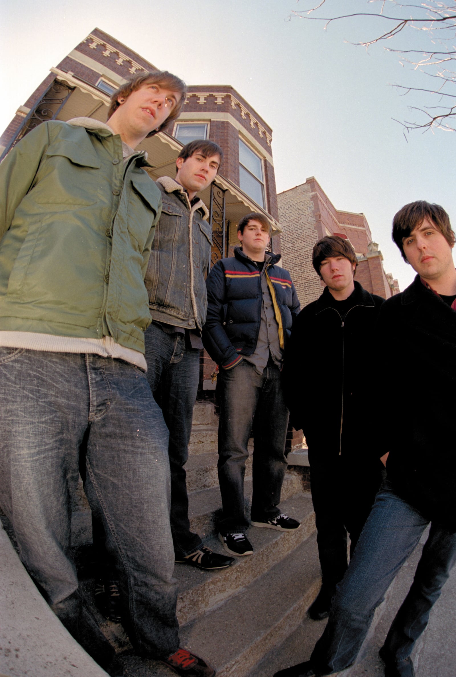 Hawthrone Heights band in a 2005 promotional photograph.  From left to right are Casey Calvert, Eron Bucciarelli, Matt Ridenour, JT Woodruff and Micah Carli.