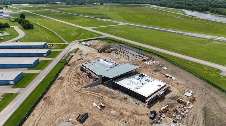 A $15 million, custom-built aviation school for Butler County high school students is on the glide path to completion at Middletown’s airport.
The construction of southwest Ohio’s largest airport-located aviation career training center is on schedule for its February 2026 opening and workers recently topped out the 30,000-square-foot school next to the airstrip at Middletown Regional Airport. (Provided)