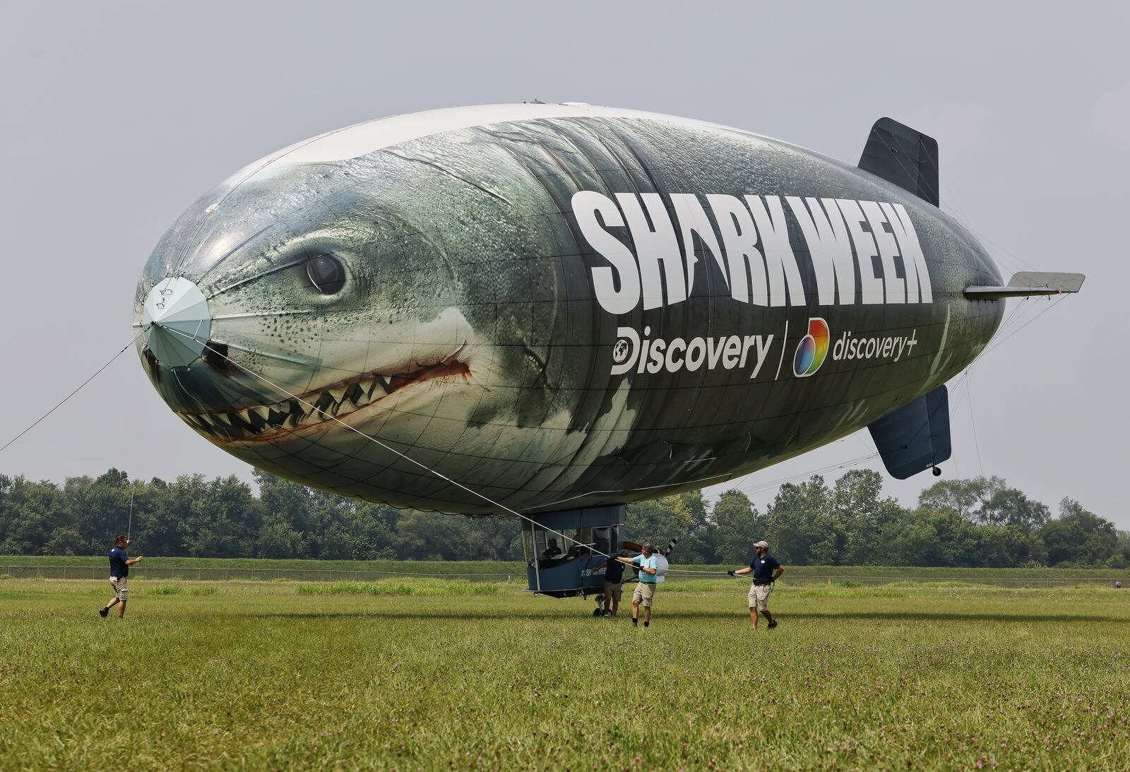 A blimp piloted by Terry Dillard featuring Discovery and Discovery+ "Shark Week" graphics landed at Middletown Municipal Airport/Hook Field for an overnight stay Tuesday, July 20, 2021 in Middletown. The 132 feet long, 67000 cubic feet airship has 200 pounds of decals on it that will be removed and replaced with something different after shark week promotion is over. NICK GRAHAM / STAFF