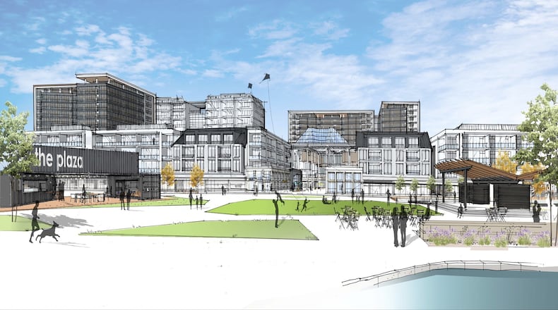 Pictured here is a rendering of the planned exterior for the area where Tri-County Mall is located in Springdale. An overhaul of the space will begin in 2022 and last through 2032. CONTRIBUTED