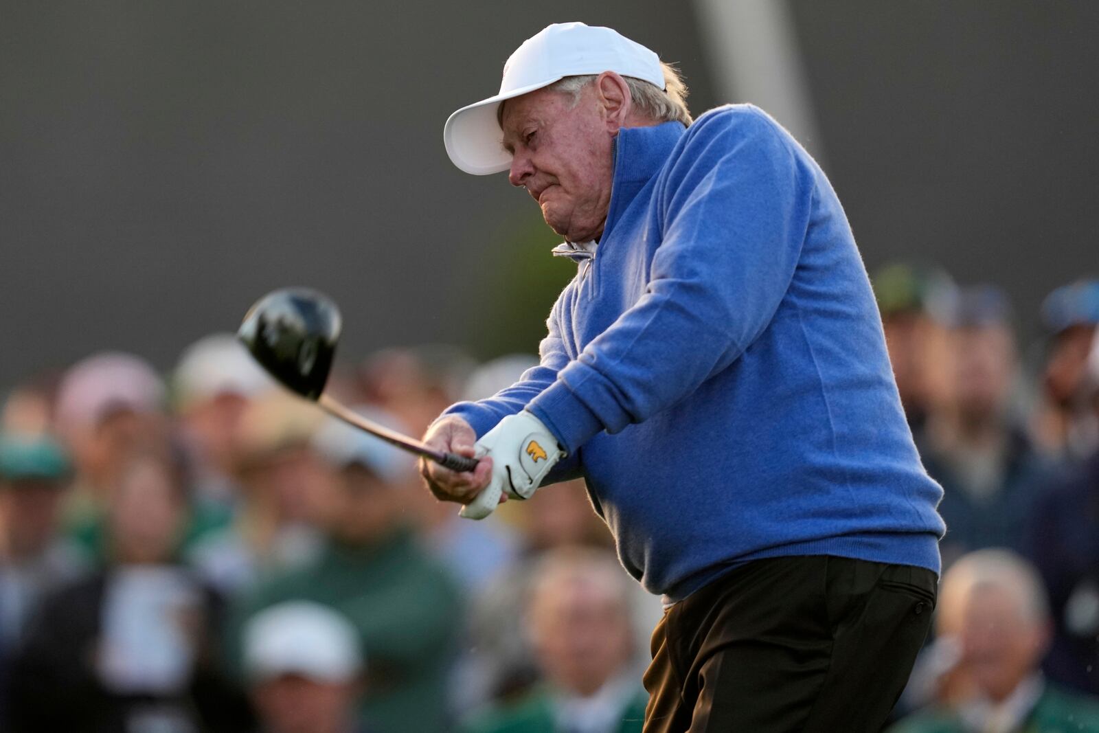 Honorary Starter Jack Nicklaus plays his shot on the first hole during the first round at the Masters golf tournament, Thursday, April 10, 2025, in Augusta, Ga. (AP Photo/David J. Phillip)
