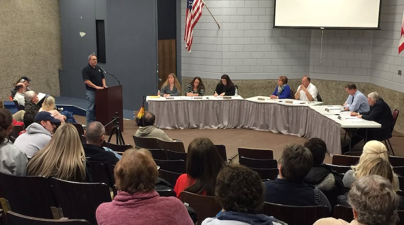 A resident shares his thoughts with the Carlisle Board of Education about the proposed retirement/rehiring of Superintendent Larry Hook during board meeting on Monday, Feb. 24, 2020 at Carlisle High School. The board held a 35-minute public hearing to gather input from residents. No action is expected to be taken on the proposal until the board’s March meeting. ED RICHTER/STAFF