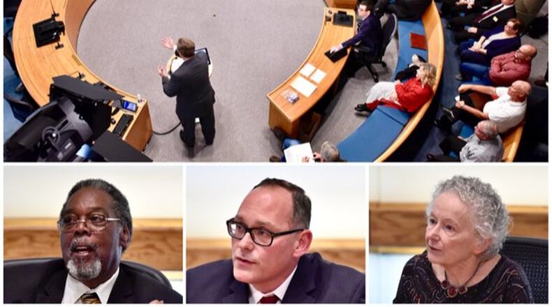 Middletown school board candidates (bottom row, from left) Bruce Hughley Sr., Todd Moore and Catherine Mulligan answer questions during a candidates forum Tuesday sponsored by The Chamber of Commerce Serving Middletown, Monroe & Trenton. NICK GRAHAM/STAFF