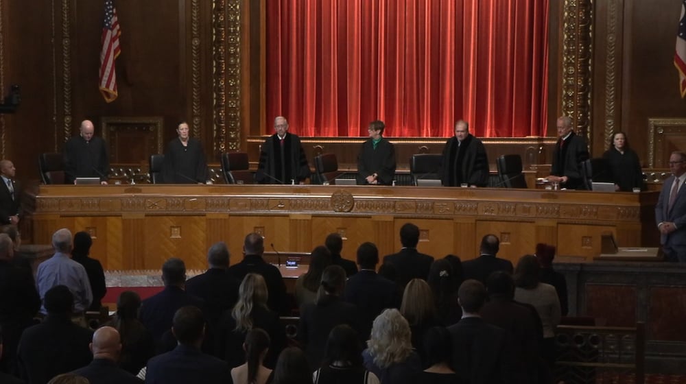 The Ohio Supreme Court at the Moyer Judicial Center in Columbus on March 24, 2026 about to hear oral arguments in the case Moe et al. v. Ohio Attorney General Dave Yost et al. CONTRIBUTED