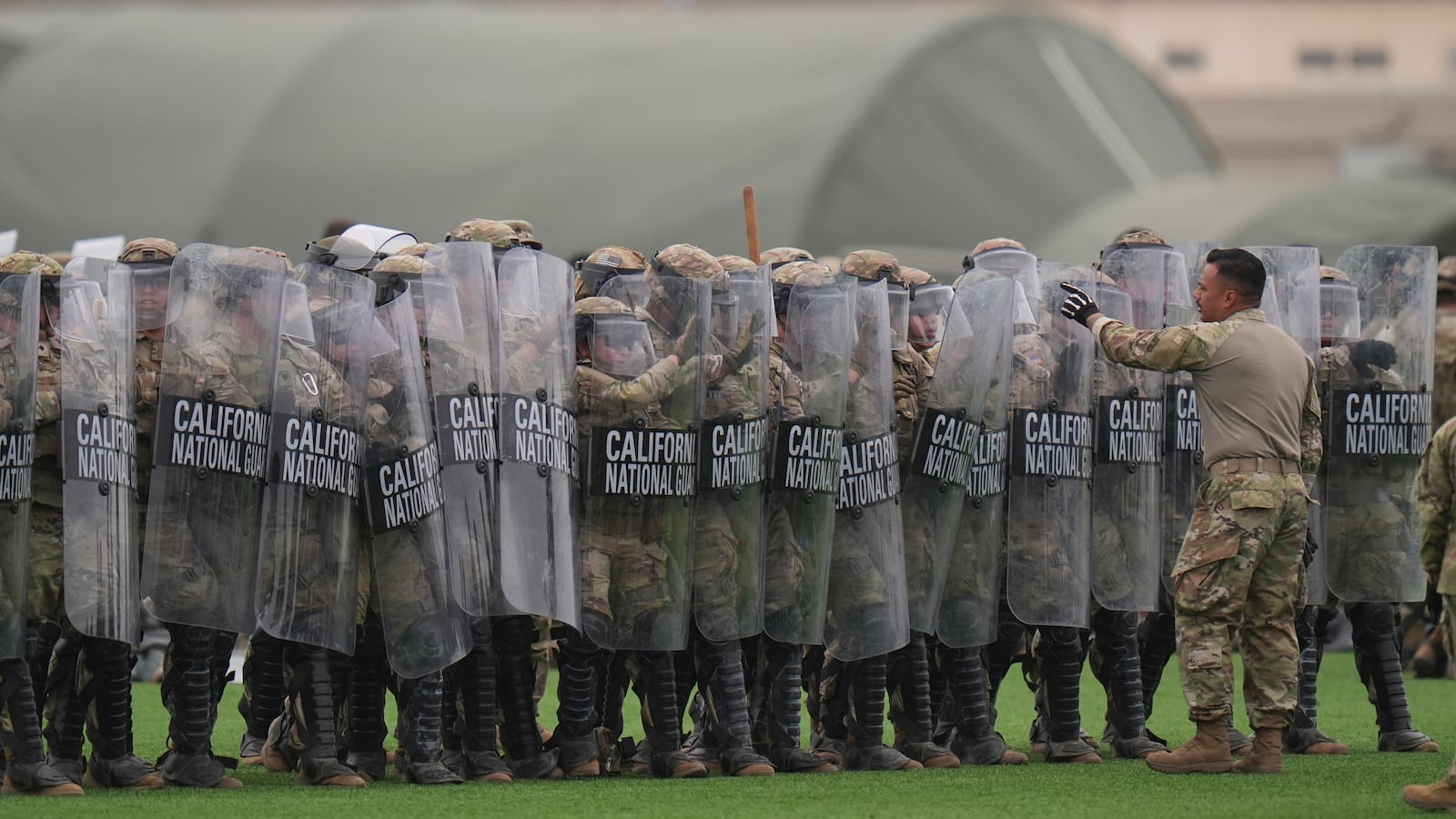 Members of the California National Guard conduct exercises after being deployed to the Los Angeles protests Wednesday, June 11, 2025, in Los Alamitos, Calif. (AP Photo/Jae C. Hong)