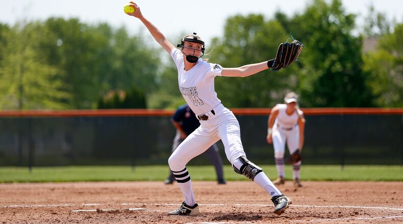 Cutline: Shawnee High School freshman Aleeseah Trimmer throws a pitch during their Division II district final game against Eaton on Friday afternoon at Arcanum High School. The Braves won 16-6 in six innings. CONTRIBUTED PHOTO BY MICHAEL COOPER
