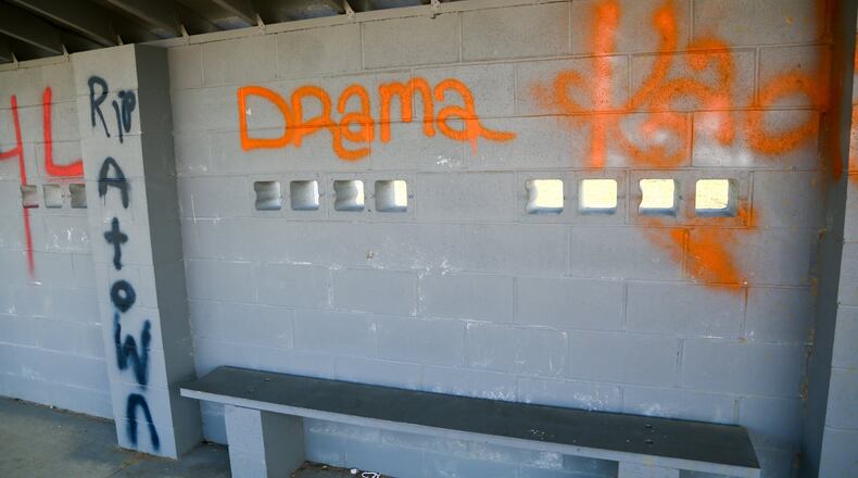 Graffiti in the dugouts at the baseball fields in Crawford Woods Park in Hamilton. GREG LYNCH/STAFF