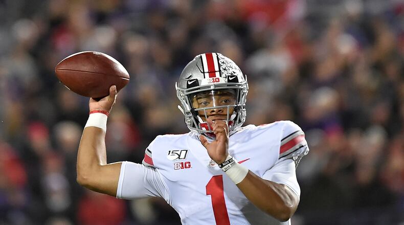 EVANSTON, ILLINOIS - OCTOBER 18: Justin Fields #1 of the Ohio State Buckeyes passes the football in the third quarter against the Northwestern Wildcats at Ryan Field on October 18, 2019 in Evanston, Illinois. (Photo by Quinn Harris/Getty Images)