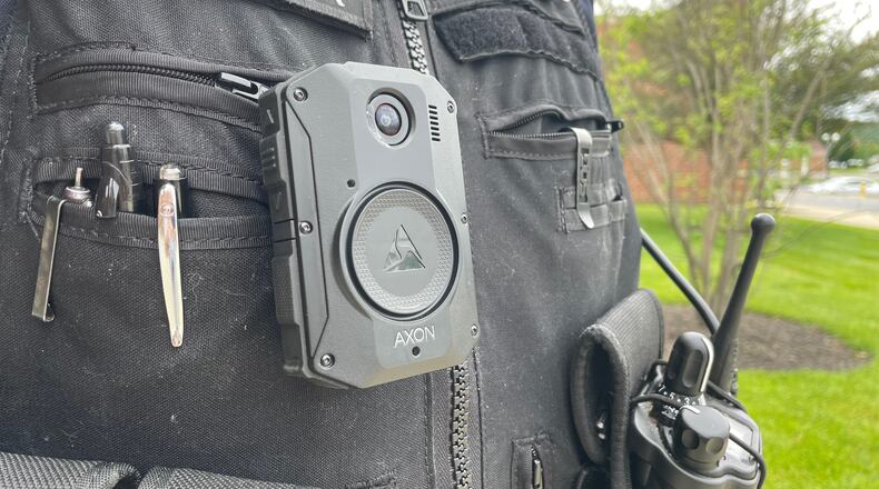 Several Butler County police agencies are seeking nearly $500,000 in state funding for body worn cameras. Pictured is Officer Ryan Fleenor with the Fairfield Police Department. Fairfield has had body cameras since 2016. MICHAEL D. PITMAN/STAFF