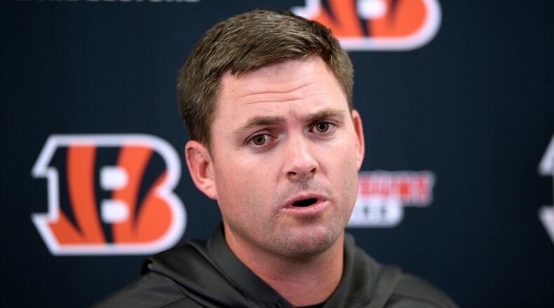 Cincinnati Bengals head coach Zac Taylor speaks to reporters after a NFL football game against the Baltimore Ravens Sunday, Oct. 13, 2019, in Baltimore. The Ravens won 23-17. (AP Photo/Nick Wass)