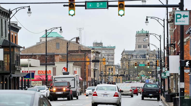 Main and B streets in Hamilton will receive major overhauls in coming months as construction crews realign a major intersection and beautify sidewalks in preparation for development of the Spooky Nook at Champion Mill gigantic indoor sports complex. NICK GRAHAM/STAFF