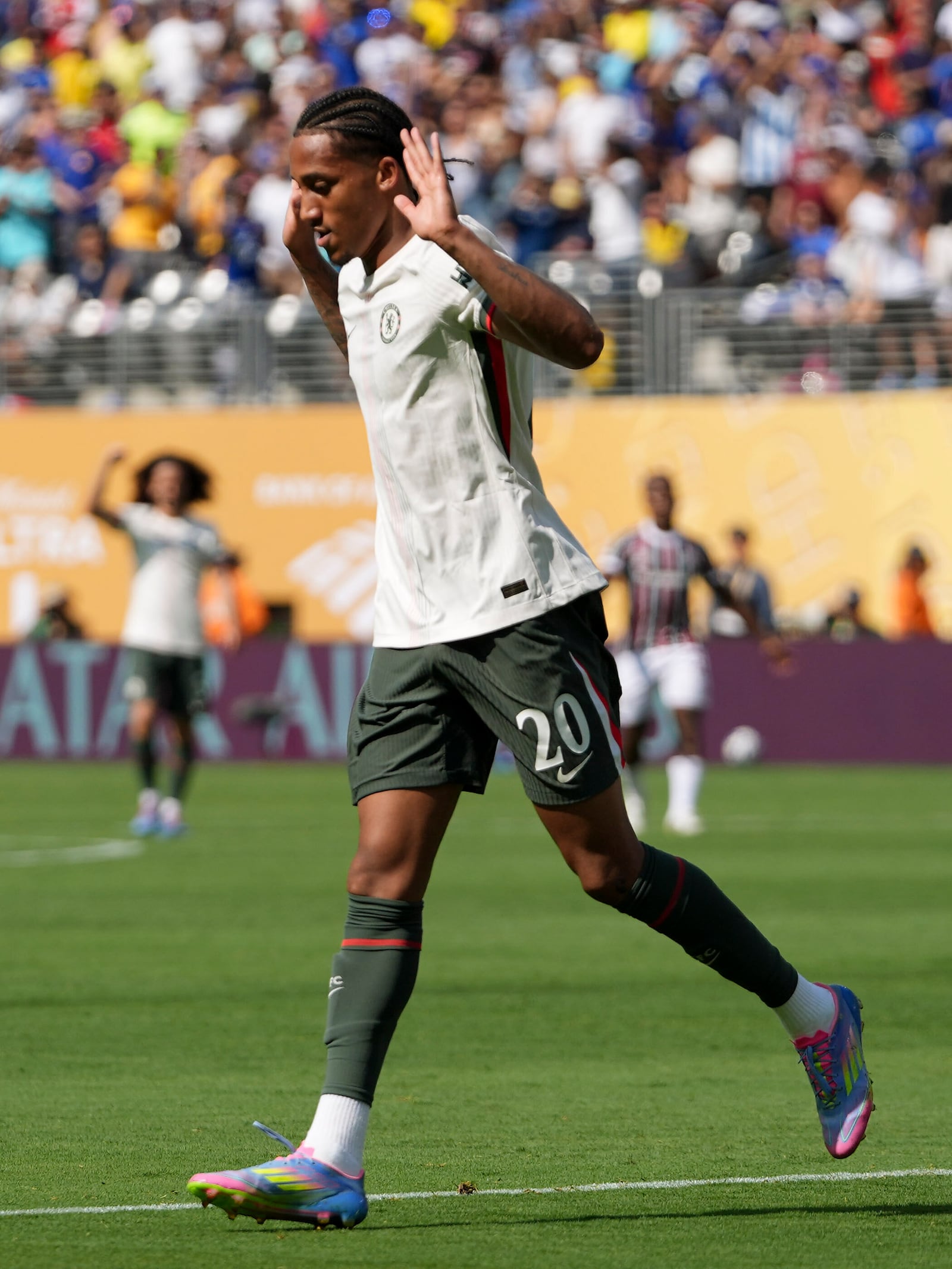 Chelsea's Joao Pedro reacts after scoring a goal against Fluminense during the second half of a Club World Cup semifinal soccer match in East Rutherford, N.J., Tuesday, July 8, 2025. (AP Photo/Frank Franklin II)