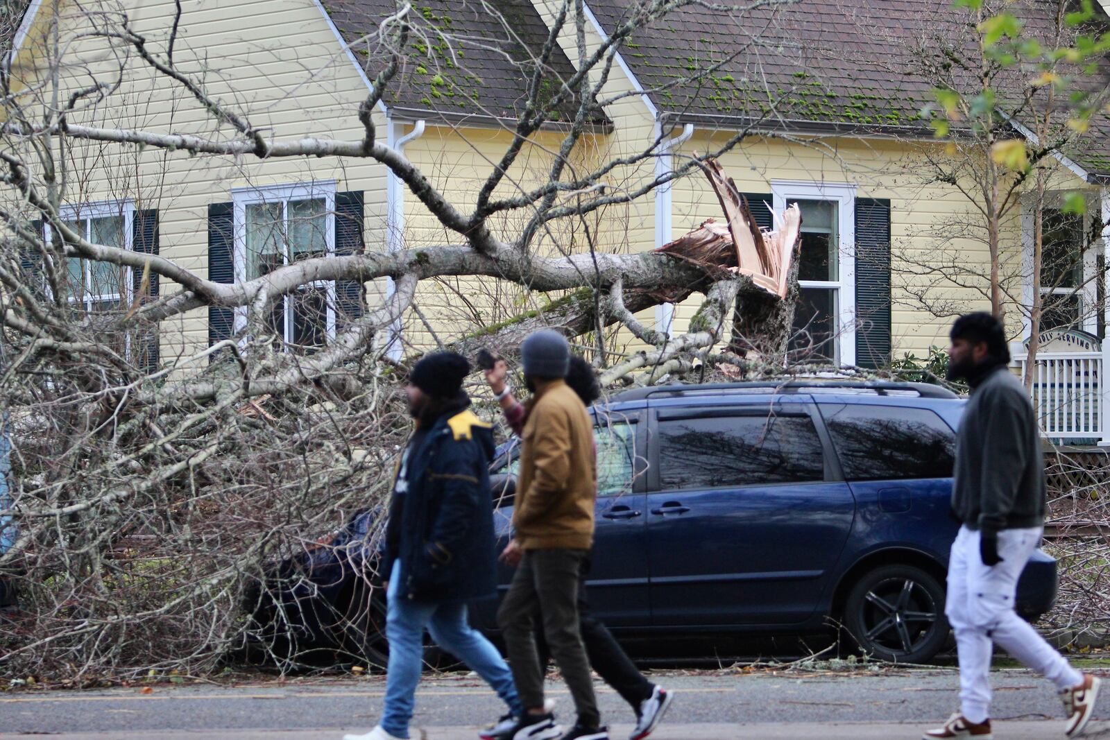 FILE - People walk by a minivan hit by a tree that fell during a "bomb cyclone" storm in Issaquah, Wash., Wednesday, Nov. 20, 2024. (AP Photo/Manuel Valdes,File)