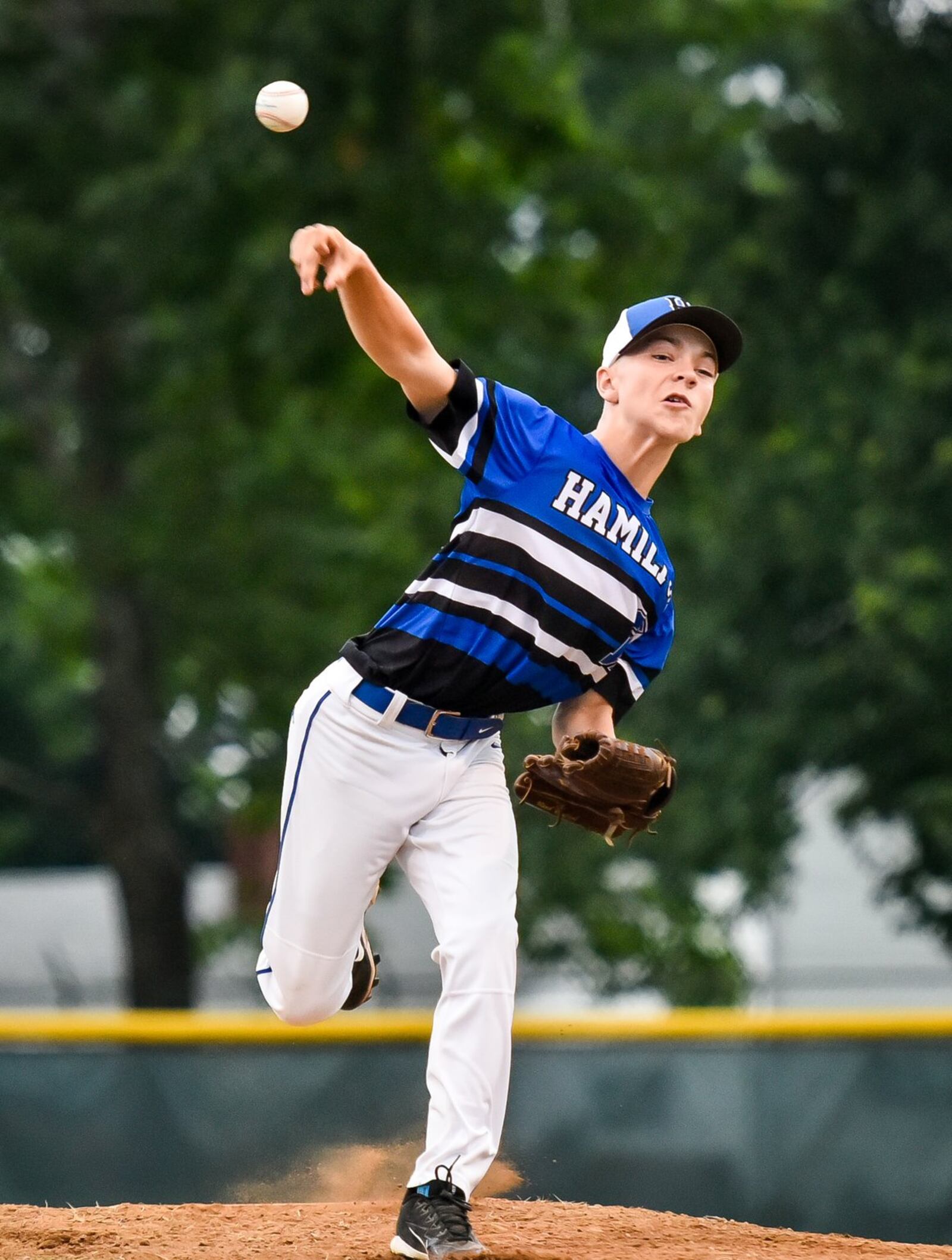 Lake Cundiff, shown during a District 9 tournament game against Hamilton-Fairfield on July 5, is expected to be the starting pitcher for Hamilton West Side against Mt. Vernon at the Ohio Little League 12-year-old baseball tournament in Maumee on Tuesday. NICK GRAHAM/STAFF