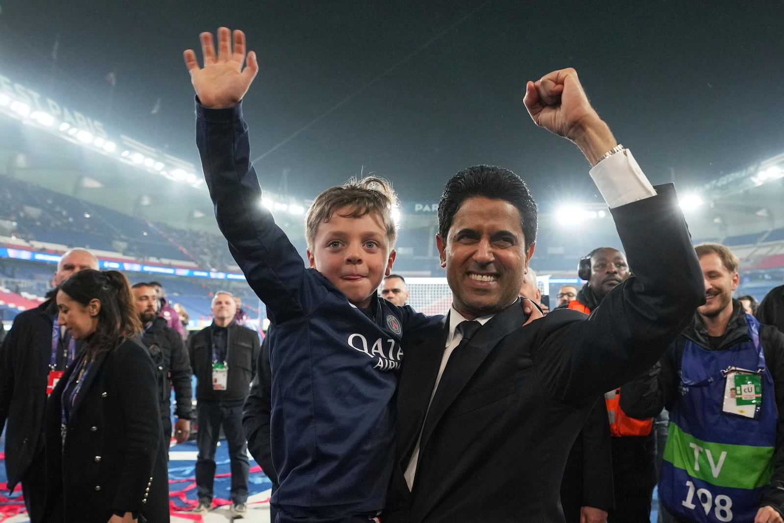 PSG President Nasser Al-Khelaifi, celebrates after the Champions League semifinal, second leg soccer match between Paris Saint-Germain and Arsenal at the Parc des Princes in Paris, Wednesday, May 7, 2025. (AP Photo/Thibault Camus)