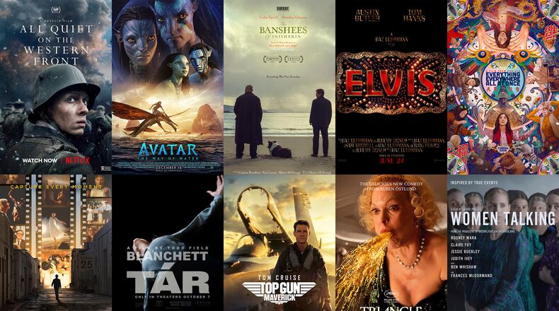 This combination of photos shows promotional art for Oscar nominees for best feature, top row from left, "All Quiet on the Western Front," "Avatar: The Way of Water," "The Banshees of Inisherin," "Elvis," "Everything Everywhere All at Once," bottom row from left, "The Fabelmans," "Tár," "Top Gun: Maverick," "Triangle of Sadness," and "Women Talking." (Netflix/Disney/Searchlight/Warner Bros./A24/Universal/Focus/Paramount/Neon/Orion-United Artists via AP)