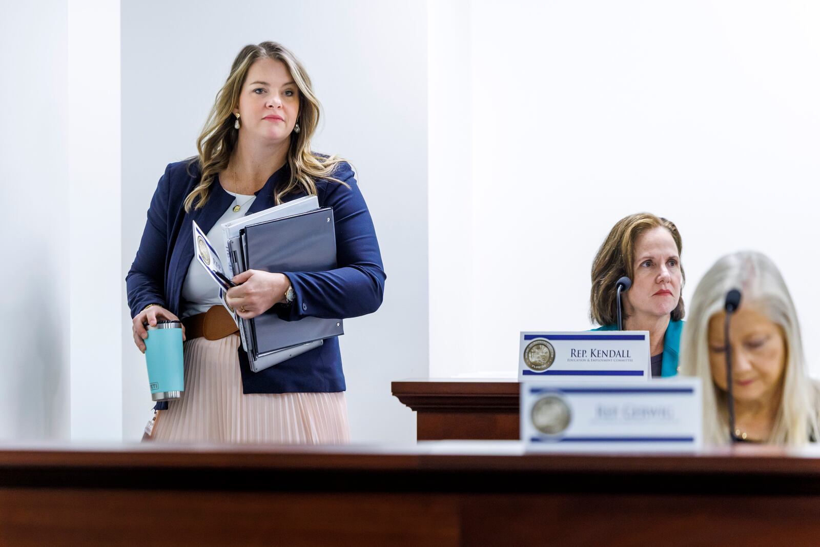 Florida Rep. Fiona McFarland, R-Sarasota, left, enters the Education & Employment Committee, Thursday, April 17, 2025, in Tallahassee, Fla. (AP Photo/Colin Hackley)