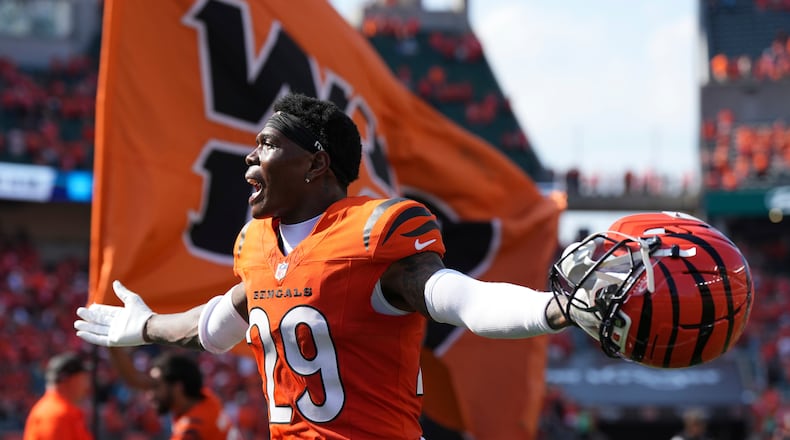 Cincinnati Bengals cornerback Cam Taylor-Britt (29) walks off the field after a win over the Jacksonville Jaguars in an NFL football game, Sunday, Sept. 14, 2025, in Cincinnati. (AP Photo/Jeff Dean)