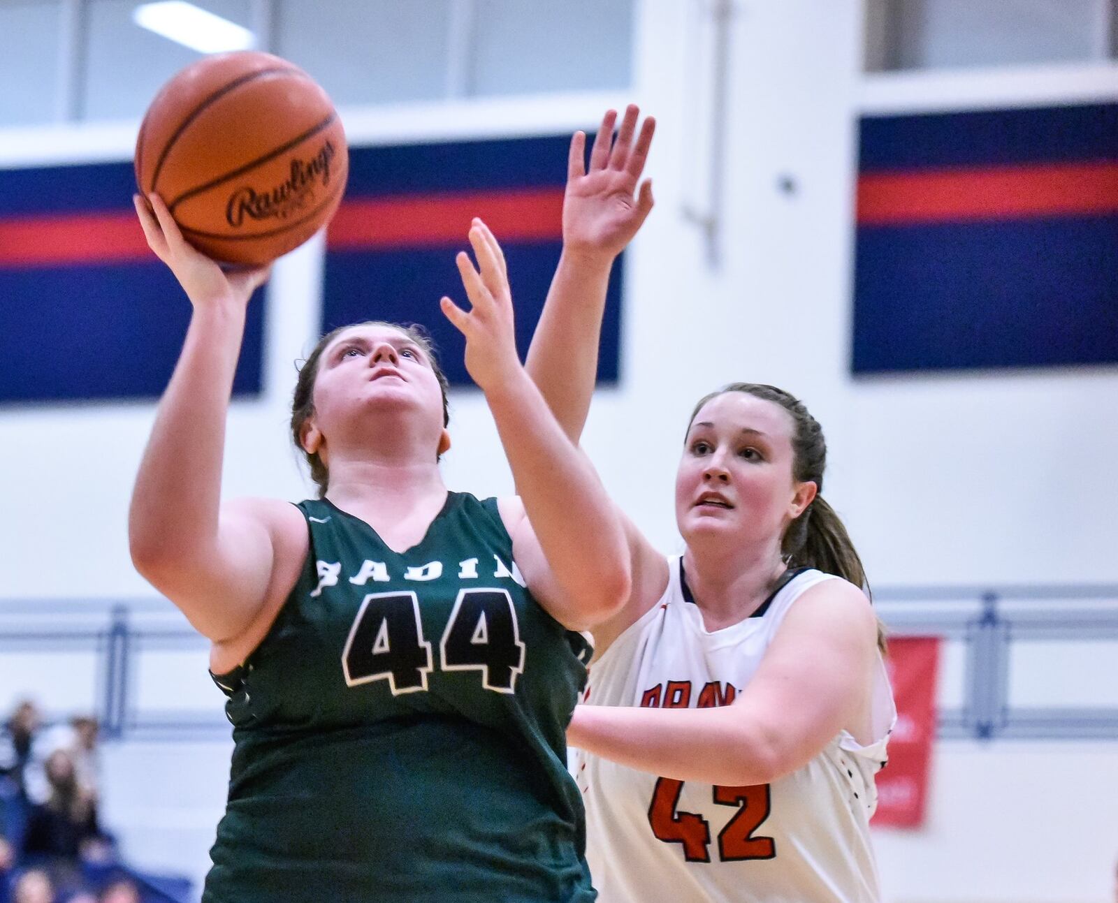 Badin’s Claire McCurley puts up a shot in front of Talawanda’s Mikaela Bretz during Wednesday night’s game in Oxford. NICK GRAHAM/STAFF