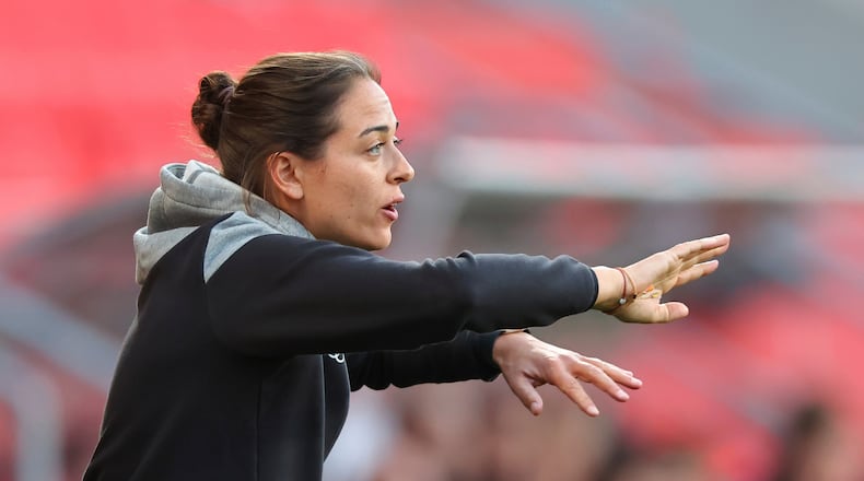 FILE - Coach Sabrina Wittmann gives instructions during the 3. Liga soccer match between FC Ingolstadt and SV Waldhof Mannheim, in Ingolstadt, on May 5, 2024. (Daniel Karmann/dpa via AP, File)