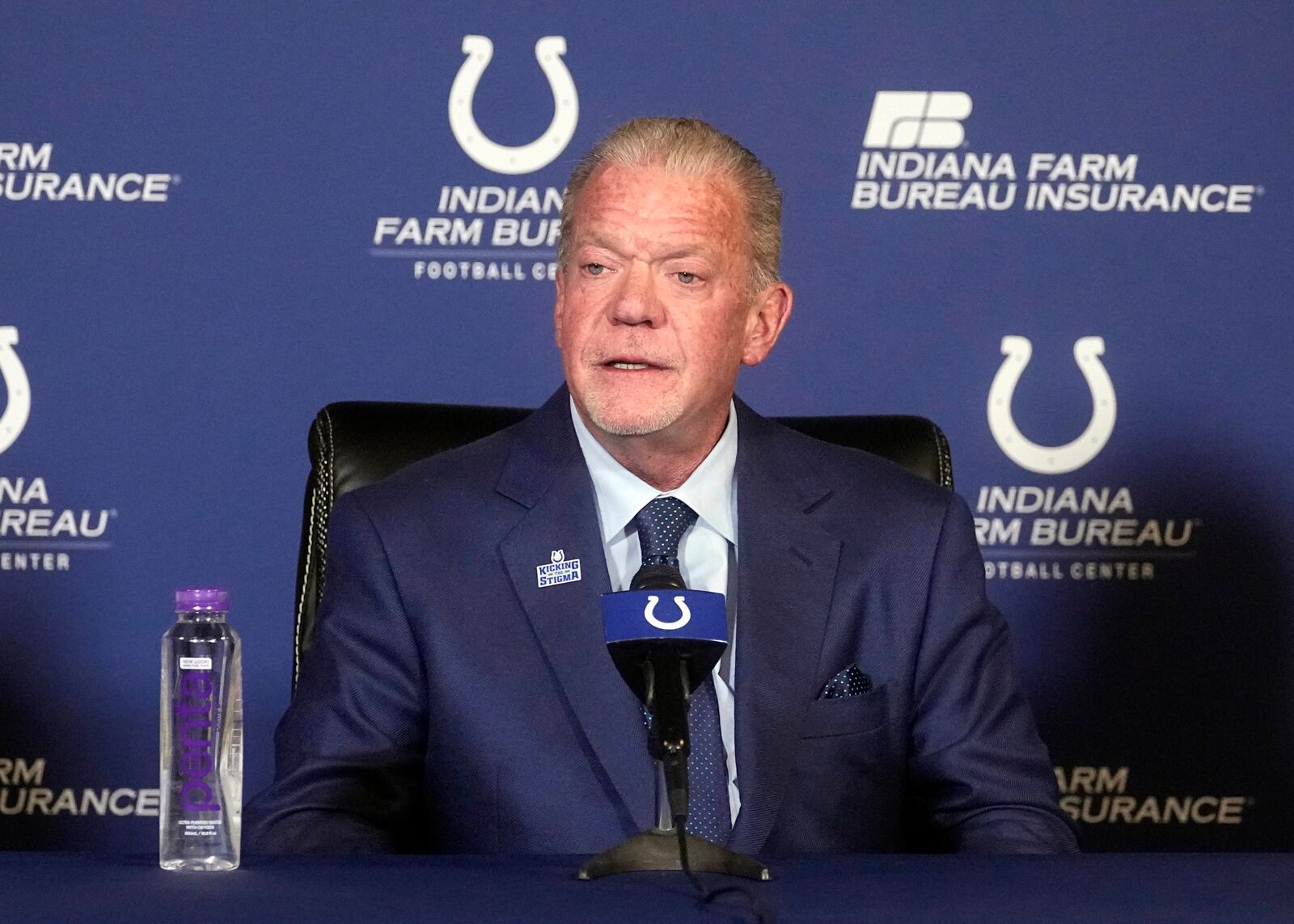 FILE -Indianapolis Colts owner Jim Irsay speaks during a news conference at the NFL football team's practice facility Monday, Nov. 7, 2022, in Indianapolis. (AP Photo/Darron Cummings, File)
