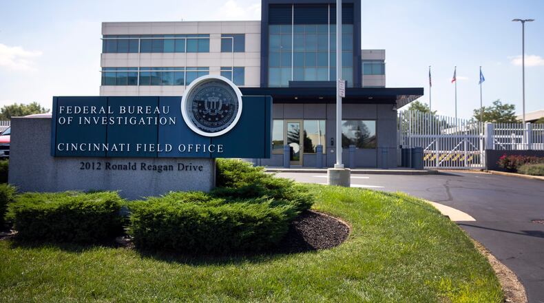 An FBI investigation lead to the arrest of a Hamilton County man on Tuesday, June 10, 2025. Robert Gilb, 50, is accused of three pipe bomb explosions, including one in Morgan Twp. in Butler County. Pictured is a 2022 file photo of the entrance to the FBI headquarters in Cincinnati. (Liz Dufour/The Cincinnati Enquirer via AP, File)