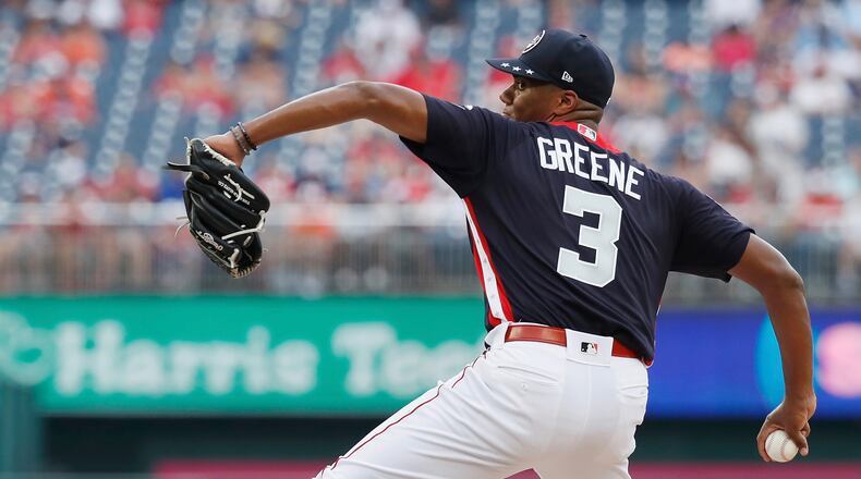 WASHINGTON, DC - JULY 15: Hunter Greene #3 of the Cincinnati Reds and the U.S. Team pitches in the fourth inning World Team during the SiriusXM All-Star Futures Game at Nationals Park on July 15, 2018 in Washington, DC. (Photo by Patrick McDermott/Getty Images)