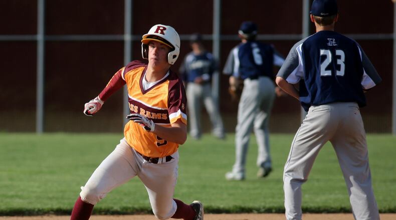Zach Evans of Ross heads to third base for a triple during the Rams’ game against visiting Edgewood on April 12. CONTRIBUTED PHOTO BY E.L. HUBBARD