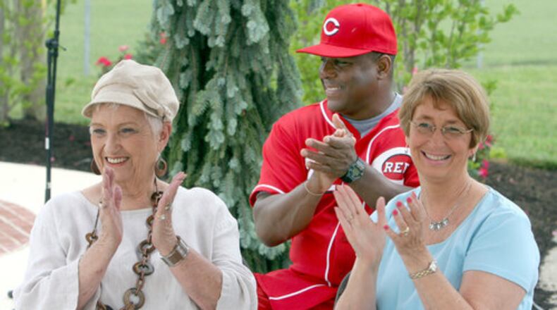 Donzetta Nuxhall is with former Reds first-base coach Billy Hatcher, and daughter-in-law Bonnie Nuxhall during the dedication of "Marty and Joe Field" at Waterworks Park in Fairfield, Monday, June 28, 2010. FILE PHOTO