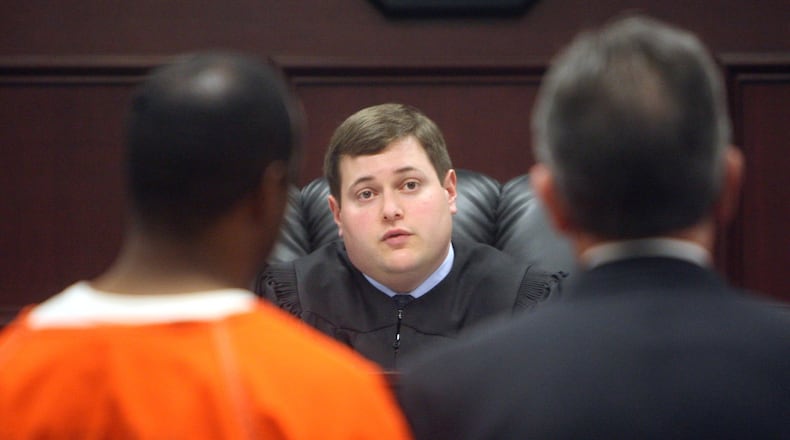West Chester Area lll court Judge Dan Haughey presides over a preliminary hearing for Steven M. Toy, left, with attorney Ron James, Tuesday, Jan. 13, 2009. Staff photo by Greg Lynch