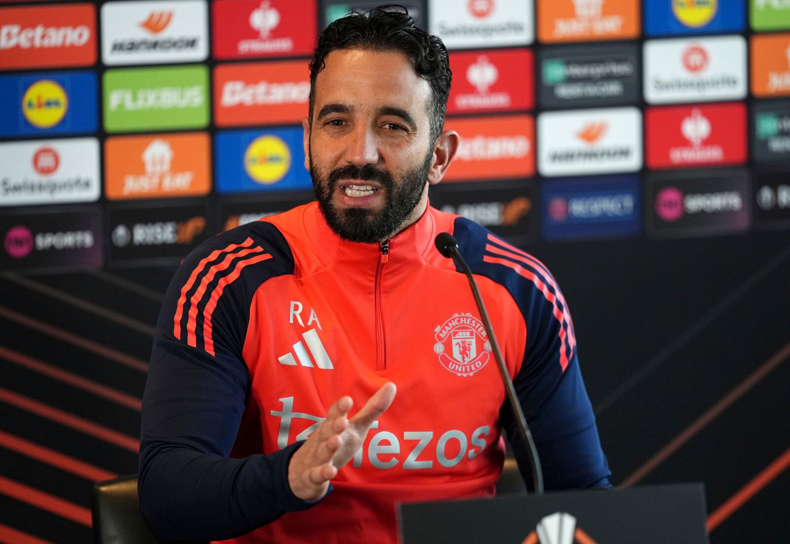 Manchester United manager Ruben Amorim during a press conference at Trafford Training Centre, Carrington, Manchester, England, Wednesday April 16, 2025. (Martin Rickett/PA via AP)