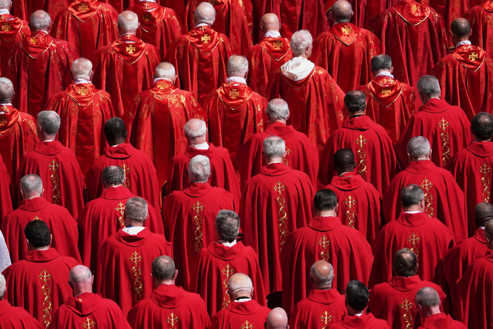 Clergy attend the funeral of Pope Francis in St. Peter's Square at the Vatican, Saturday, April 26, 2025. (AP Photo/Evan Vucci)