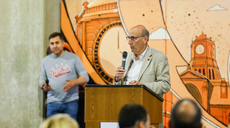 Hamilton mayor Pat Moeller speaks during the state of the city address under the McDulin Parking Garage Thursday, May 5, 2022. The location was moved from the original location of Municipal Brew Works due to rain. NICK GRAHAM/STAFF