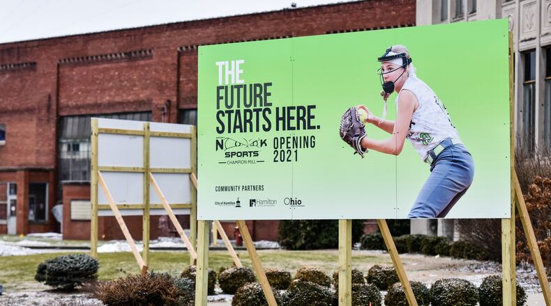 Construction is underway on Spooky Nook sports complex in the former Champion Paper/Smart Paper buildings on B Street Thursday, Jan. 24 in Hamilton. NICK GRAHAM/STAFF