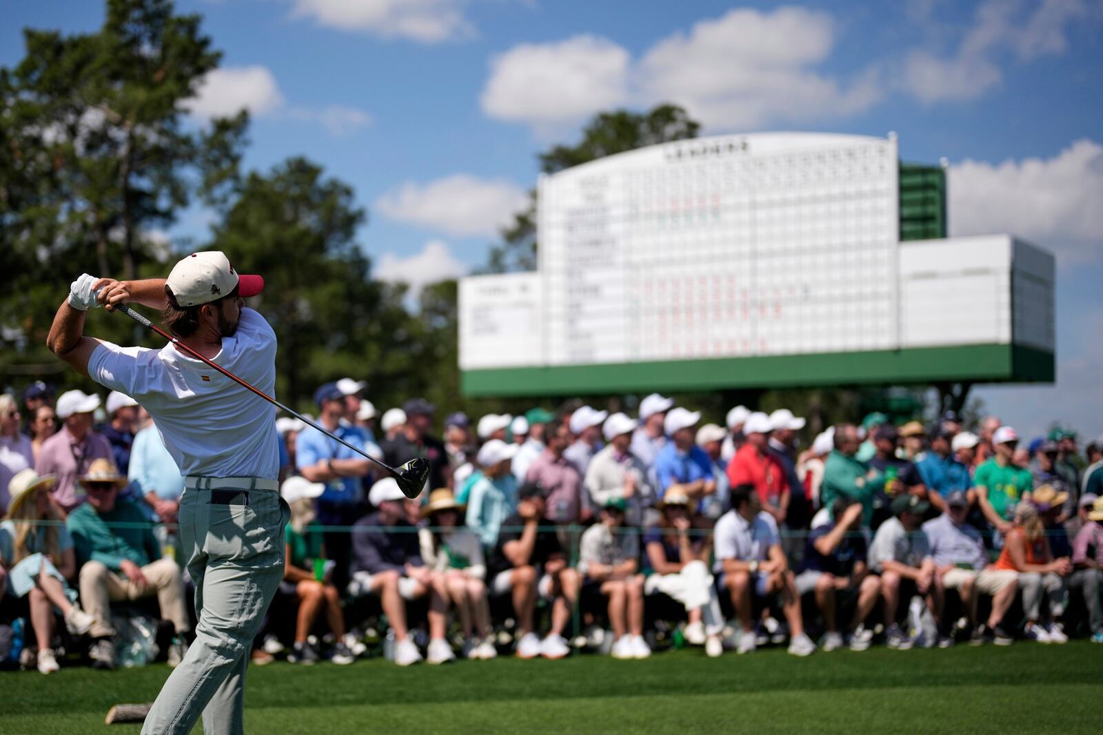 Jose Luis Ballester, of Spain, watches his tee shot on the eighth hole during the first round at the Masters golf tournament, Thursday, April 10, 2025, in Augusta, Ga. (AP Photo/David J. Phillip)