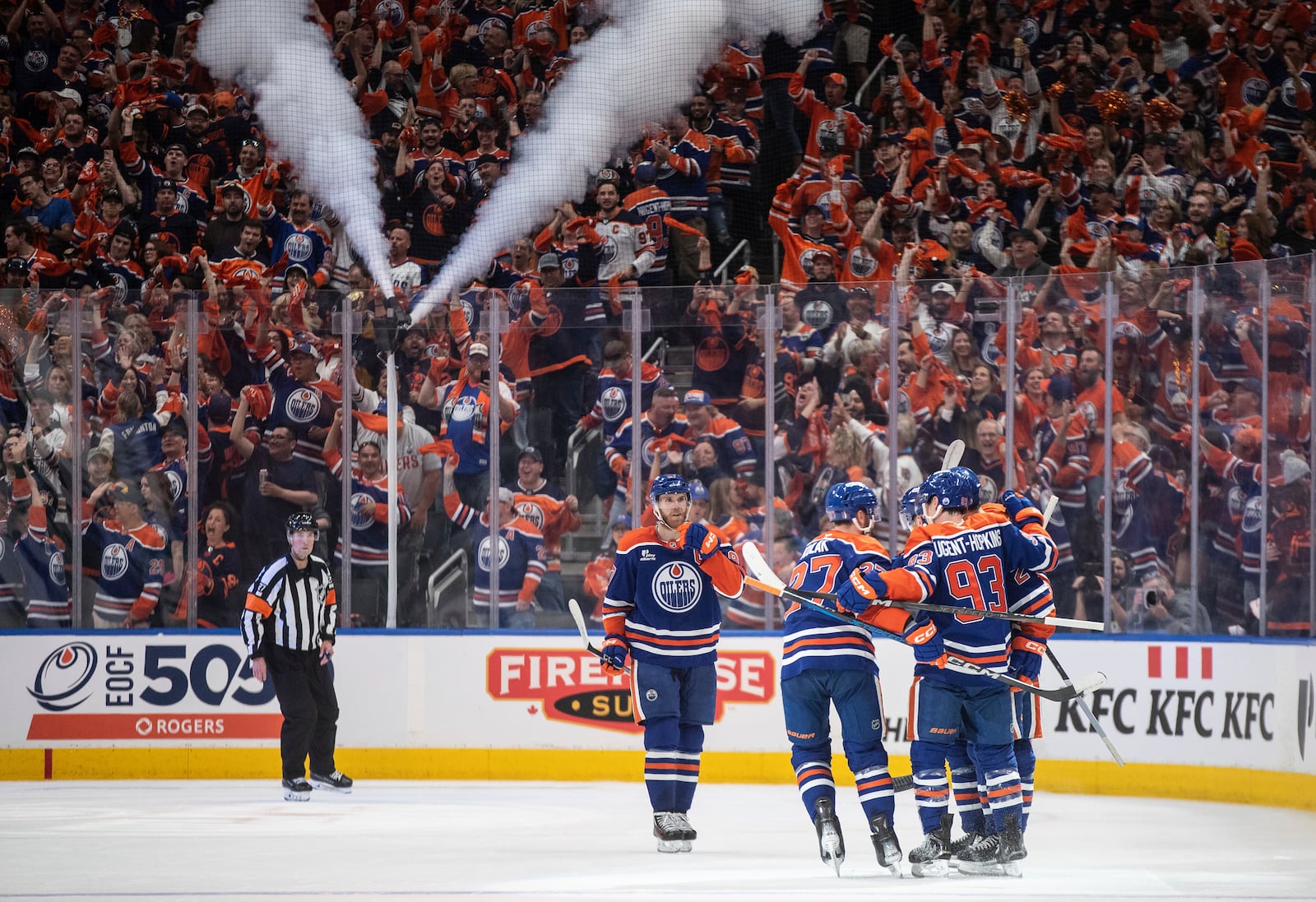 Edmonton Oilers players celebrate a goal against the Dallas Stars during the first period of Game 3 of the Western Conference finals in the NHL hockey Stanley Cup playoffs in Edmonton, Alberta, Sunday, May 25, 2025. (Jason Franson/The Canadian Press via AP)