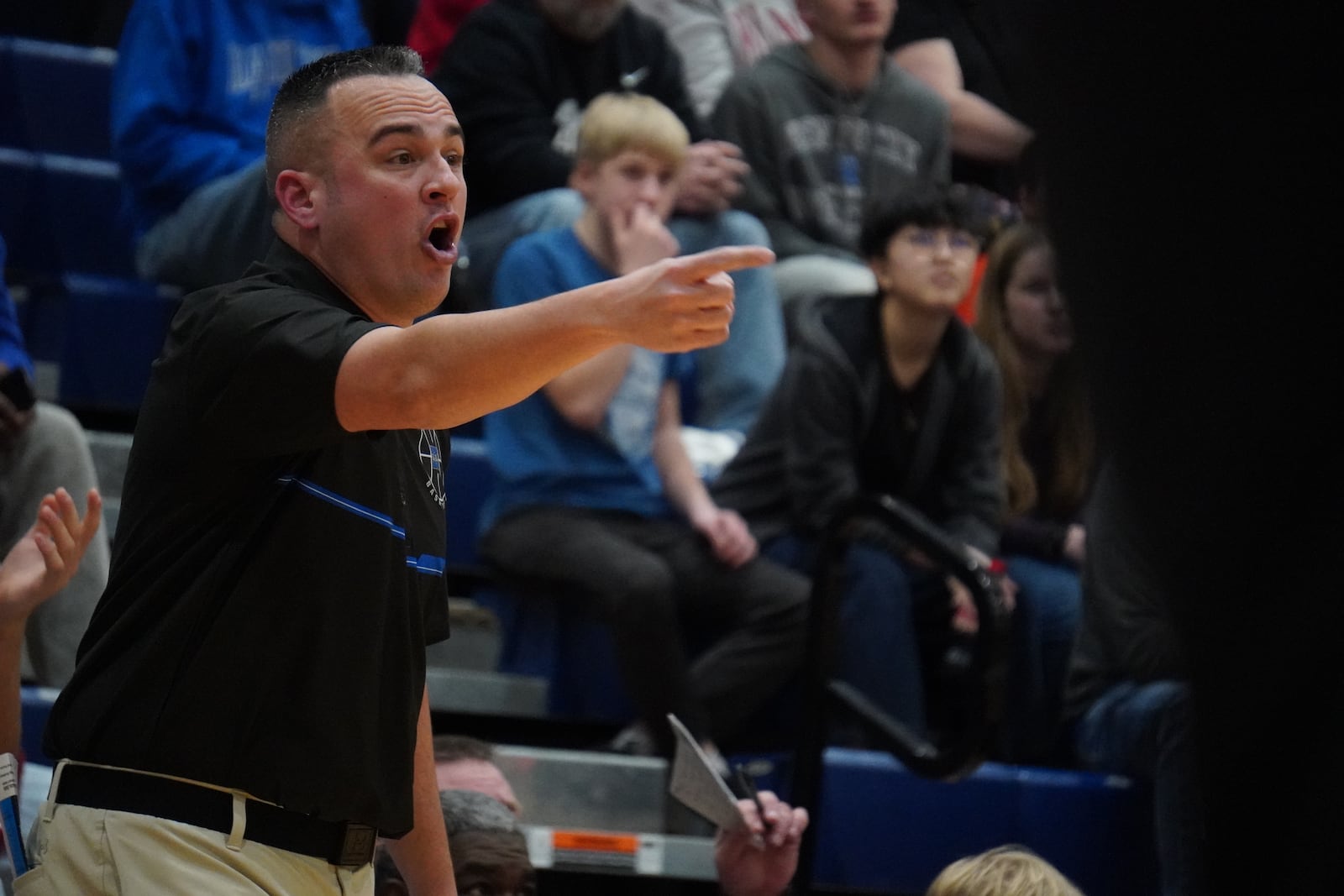 Hamilton coach Jake Turner directs his team during Big Blue’s game against Princeton on Friday night at the Hamilton Athletic Center. CHRIS VOGT / CONTRIBUTED