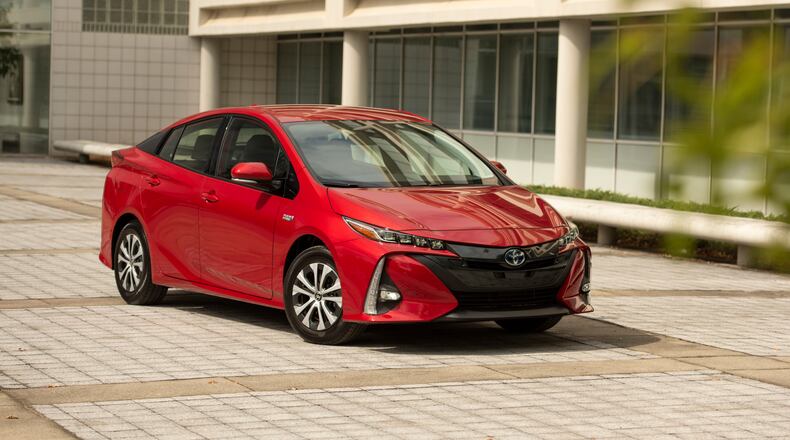 This undated photo from Toyota shows the 2021 Prius Prime, a plug-in hybrid with about 25 miles of electric range. (Courtesy of Toyota via AP)
