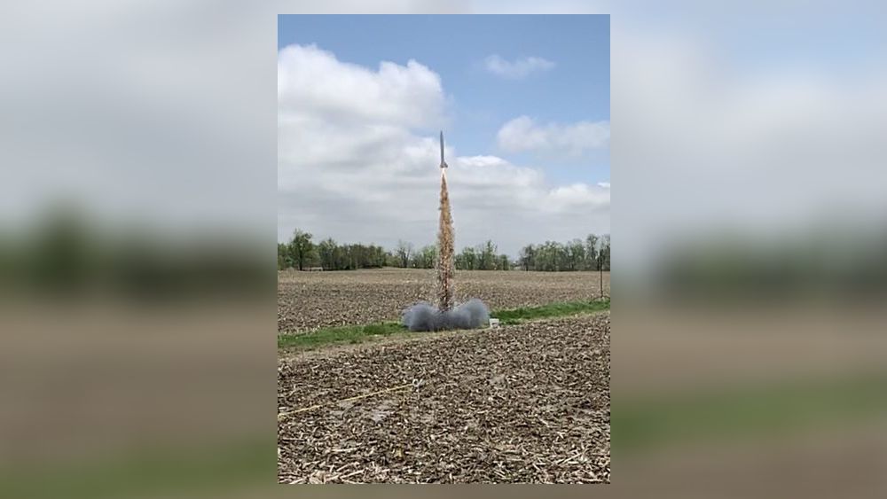 The American Rocketry Challenge regional finals are Sunday on the grounds near Dayton’s National Museum of the US Air Force at Wright Patterson Air Force Base and a group of local teens hope to further advance beyond their already top 100 national standing. The local Ohio 4H Rocket Team of Lakota and Mason teens is a finalist. Pictured is one of their earlier rocket launches. (Provided Photo\Journal-News)