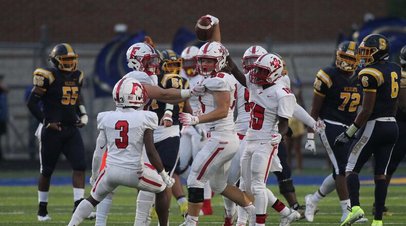 Fairfield’s Brandon Weinberg celebrates after an interception against Springfield on Friday, Sept. 6, 2019, at Springfield High School. David Jablonski/Staff