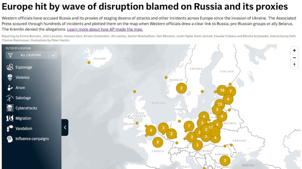 A map of disruption and sabotage staged by Russia, according to Western officials. (AP Digital Embed)