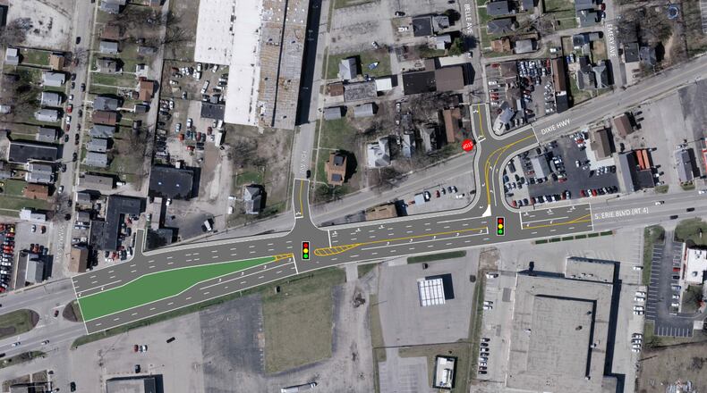 The $4.75 million reconfiguration at Ohio 4, Dixie Highway and Belle Avenue is being done to help support the Darana Hybrid's 100,000-square-foot expansion which will add 55 new jobs to its workforce of 61. North on this map is to the right. PROVIDED/CITY OF HAMILTON