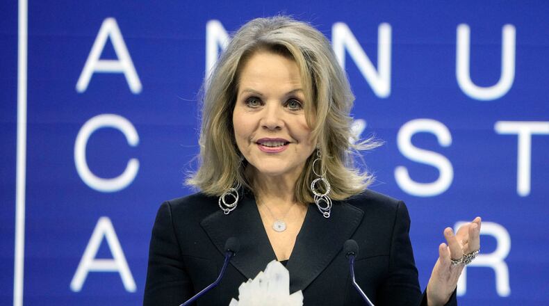 FILE - Singer Renee Fleming speaks after receiving a Crystal Award at the World Economic Forum in Davos, Switzerland, Jan. 16, 2023. (AP Photo/Markus Schreiber, File)