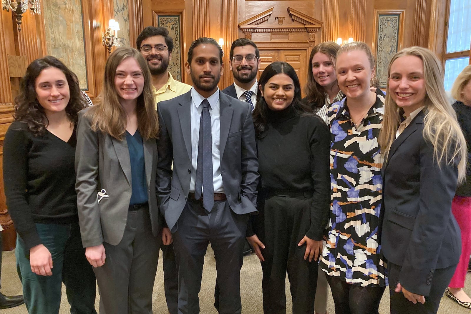 FILE - Students from the University of Missouri School of Medicine pose for a group photo in a Senate committee room in the Missouri Capitol in Jefferson City, Mo., after testifying against legislation on March 28, 2023. (AP Photo/David A. Lieb, file)