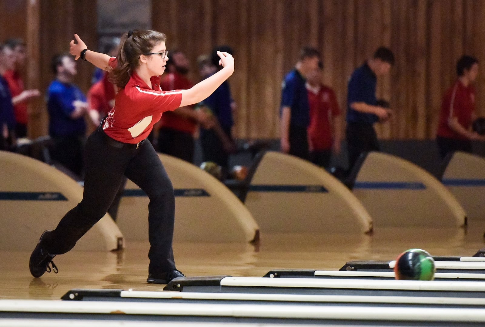 Fairfield’s Lauren Zink shows her form during Monday’s Greater Miami Conferene bowling match against Hamilton at the Game of Fairfield. NICK GRAHAM/STAFF